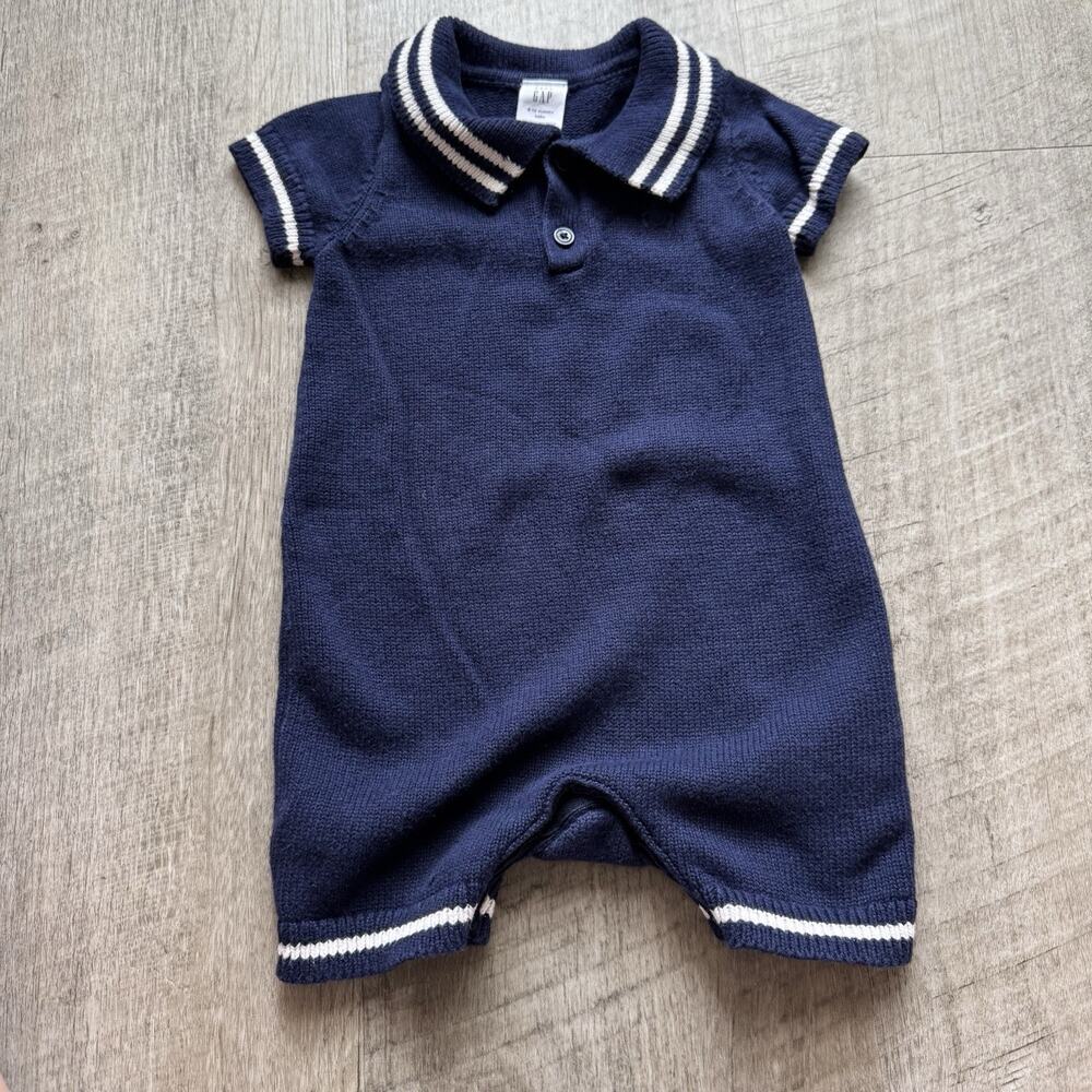 Baby Gap Boys Blue One Piece Striped Collared Sweater-Knit Romper 6-12 months